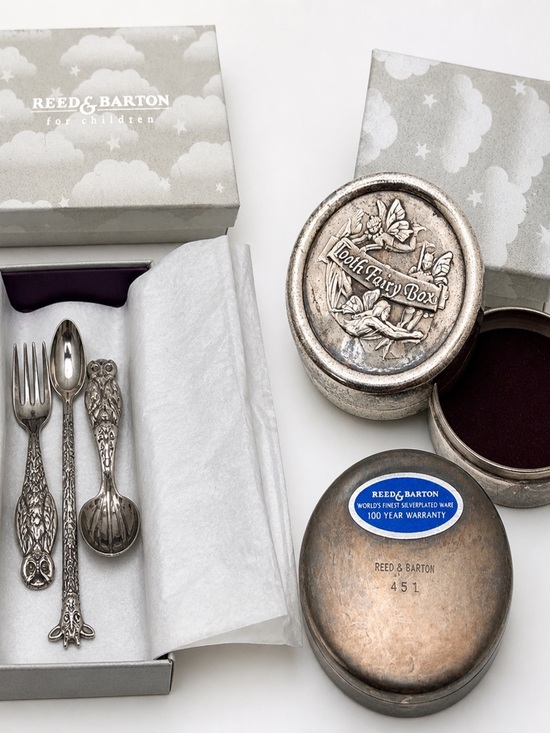 Reed & Barton Other - Reed & Barton Baby Gift Set Tooth Fairy Box & Animal Utensils Silverplate